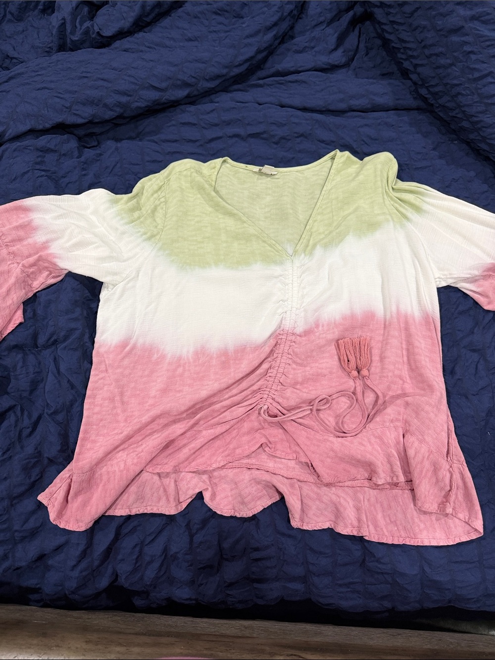 Cato Tie-Dye V-Neck Blouse - Pink, White & Light Green